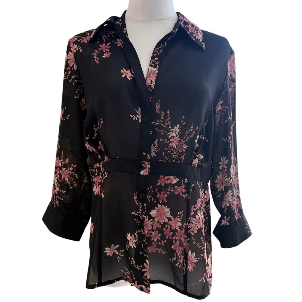 Black Pink Floral Sheer Blouse Tunic 3/4 Sleeve Whimsigoth Workwear Office Fall